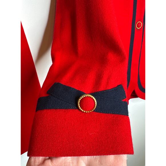 Vintage 1980s Red Navy Trim Power Suit Blazer Pencil Skirt Set Made in USA XS-S - Picture 10 of 15